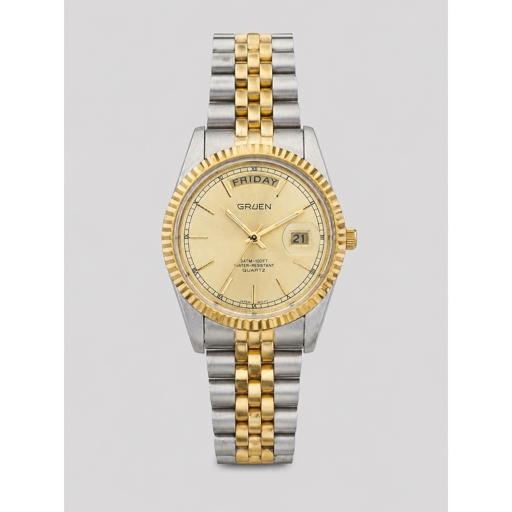 Vintage Gruen Precision Day Date Gold Two Tone Watch Fluted Bezel Quartz